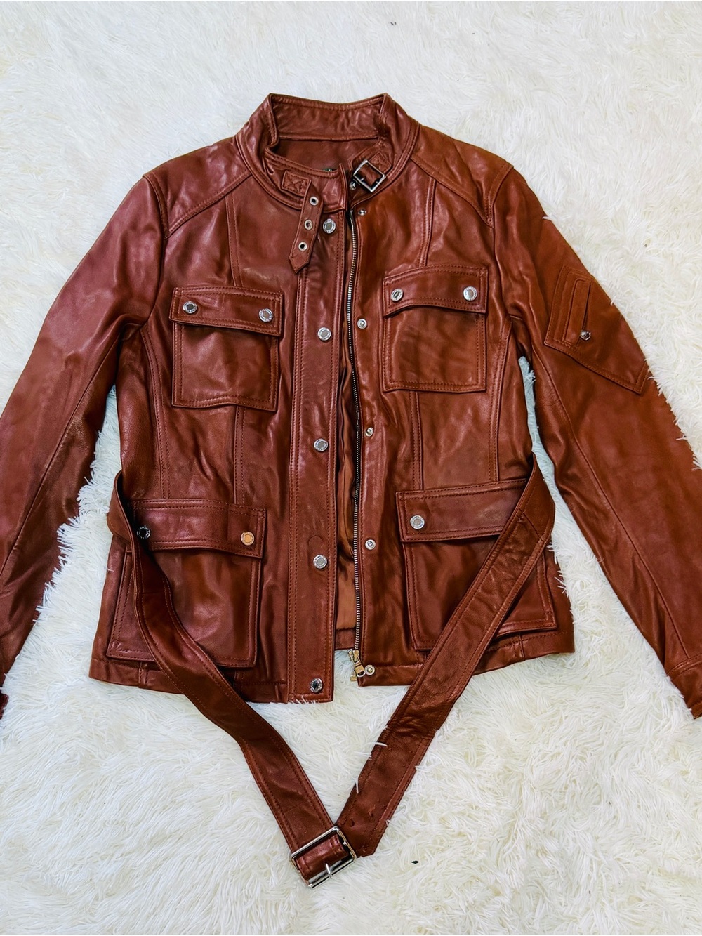 Lauren Ralph Lauren Rust Brown Leather Belted Moto Jacket